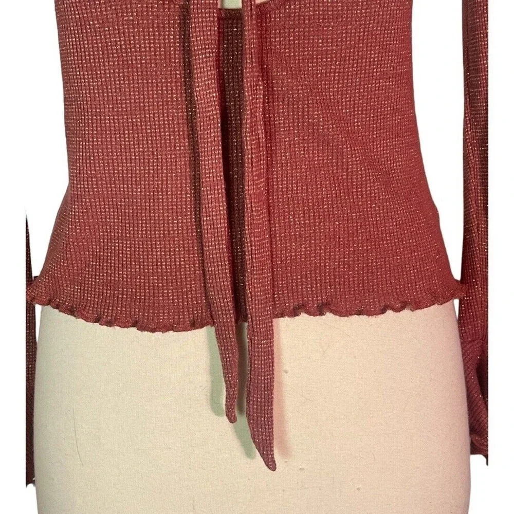 Free People Say When Metallic Gold Mauve Red Rust V-Neck Keyhole Bell Sleeve Top